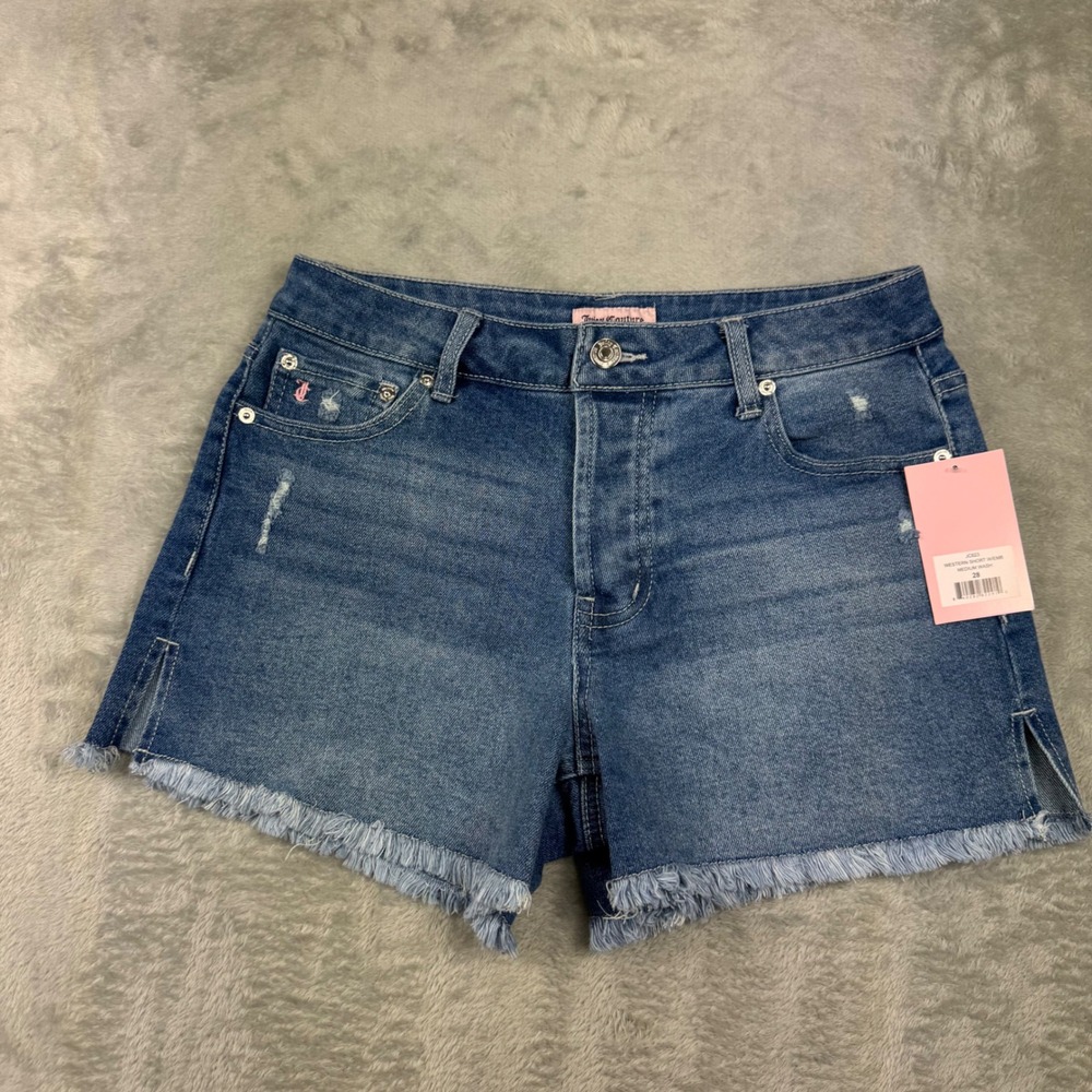 Juicy Couture Western Denim Shorts Embroidered Logo Womens 28 Blue New
